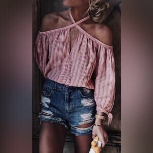 Rebecca Taylor 6 red stripe cold shoulder cottage core blouse